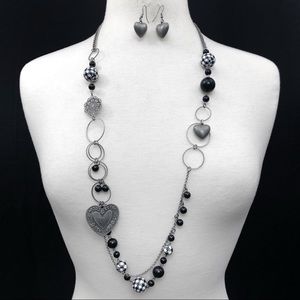 Houndstooth Long Heart Chain Necklace Earrings Set